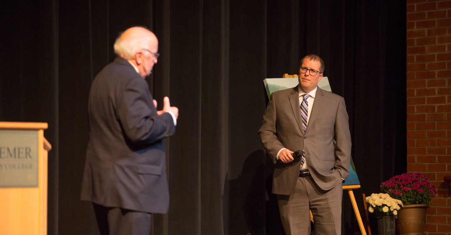 Dr. Richard Mouw on stage with Dr. Rob Joustra.